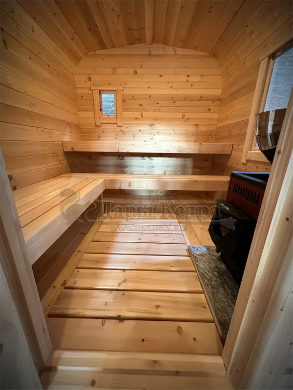 Баня-бочка «Пентагон» с боковым входом и панорамным окном